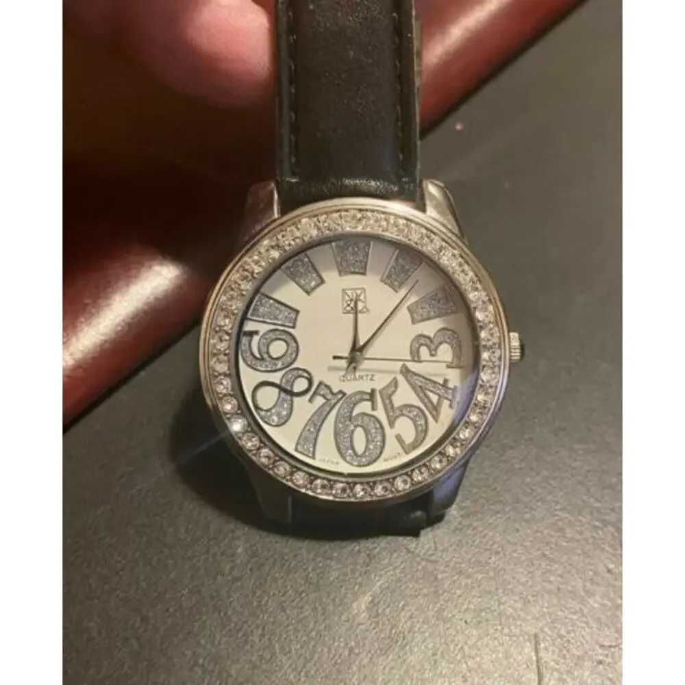 Women's 40mm NY&C Silver Tone Watch, Crystal Accents , Black Leather Band